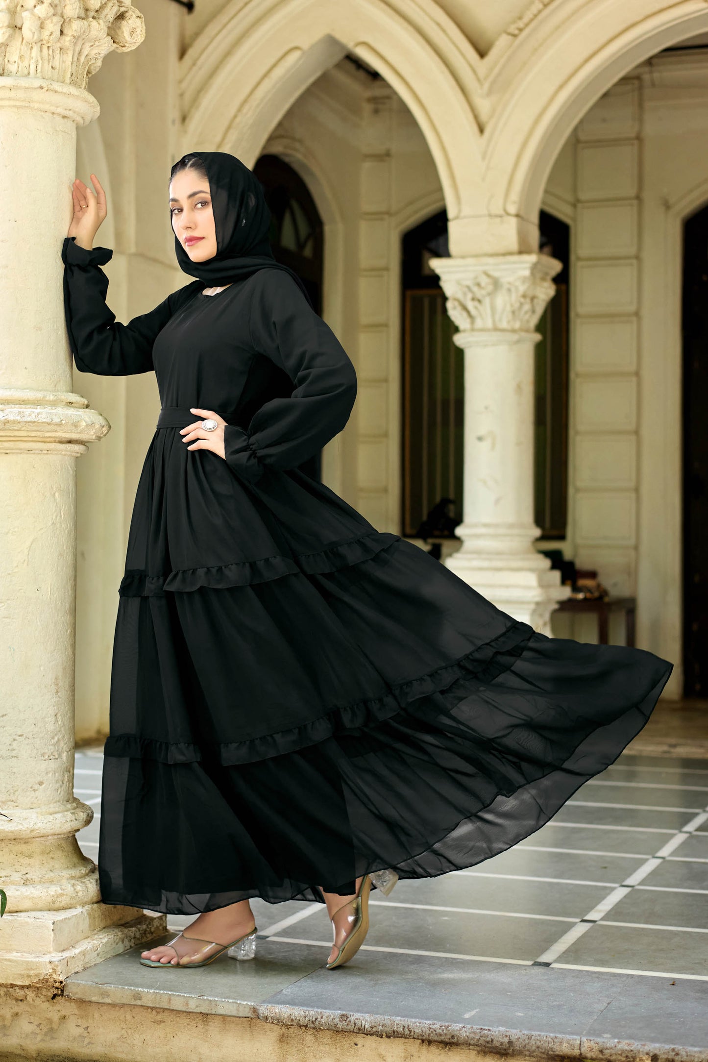 "Elegant Black Solid Abaya Dress for Women – Full Sleeve Modest Long Ethnic Wear with Ruffle Detail"