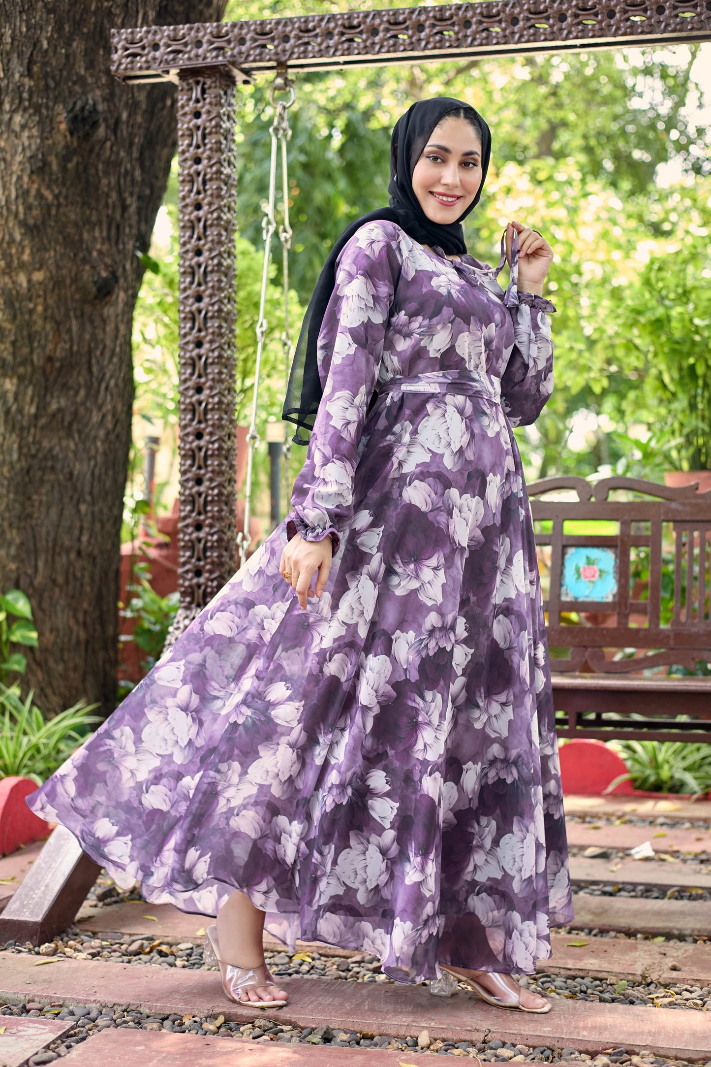 Flowy Purple Floral Print Crepe Maxi Dress – Modest & Stylish