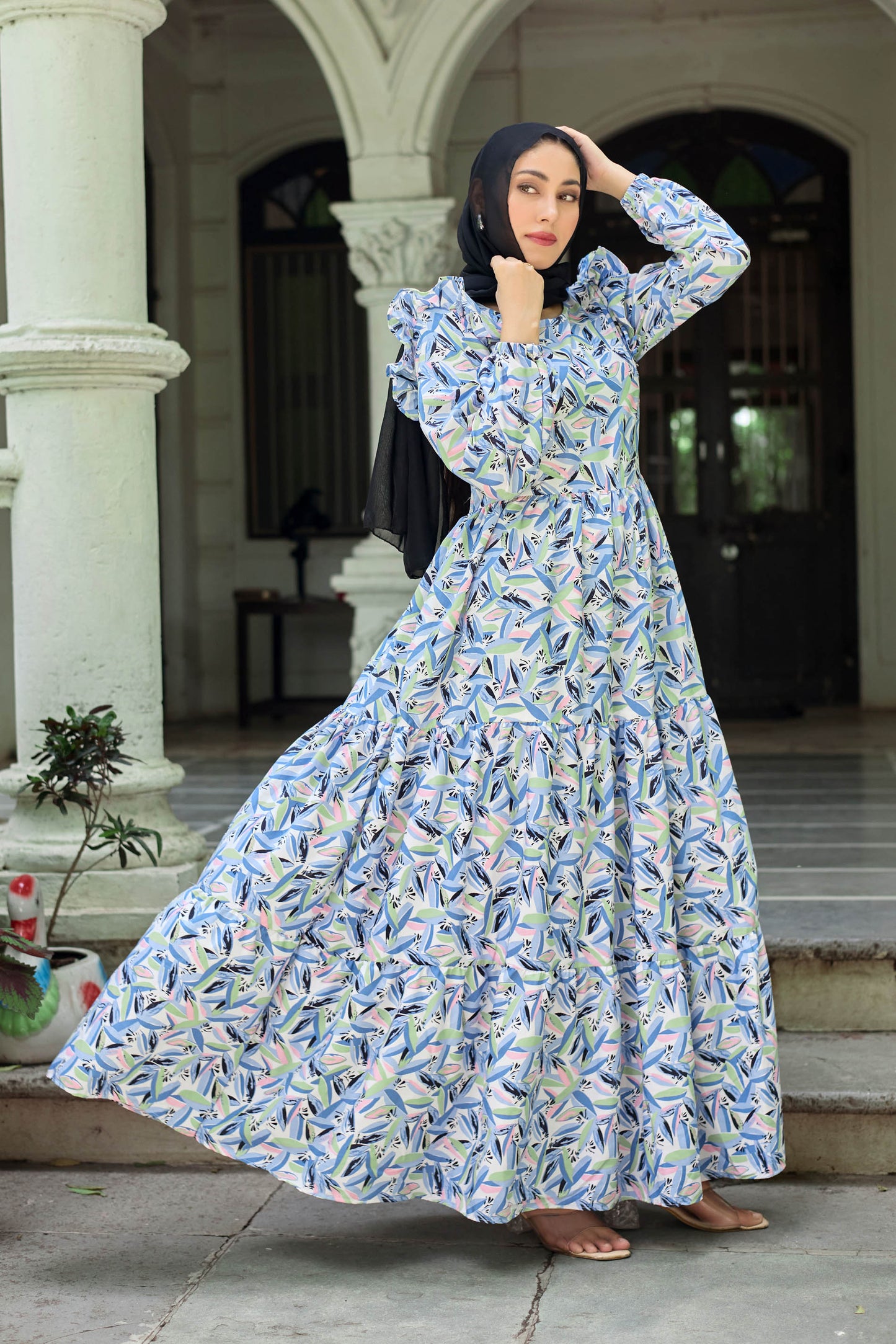 Elegant Geometric Printed Long Maxi Dress for Women | Full Sleeve Party & Casual Wear