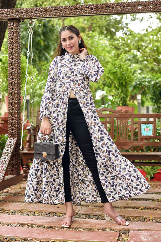 White Multicolor Leaf Printed Long Maxi Dress for Women – Full Sleeve Stylish Ethnic Wear with Button Detail