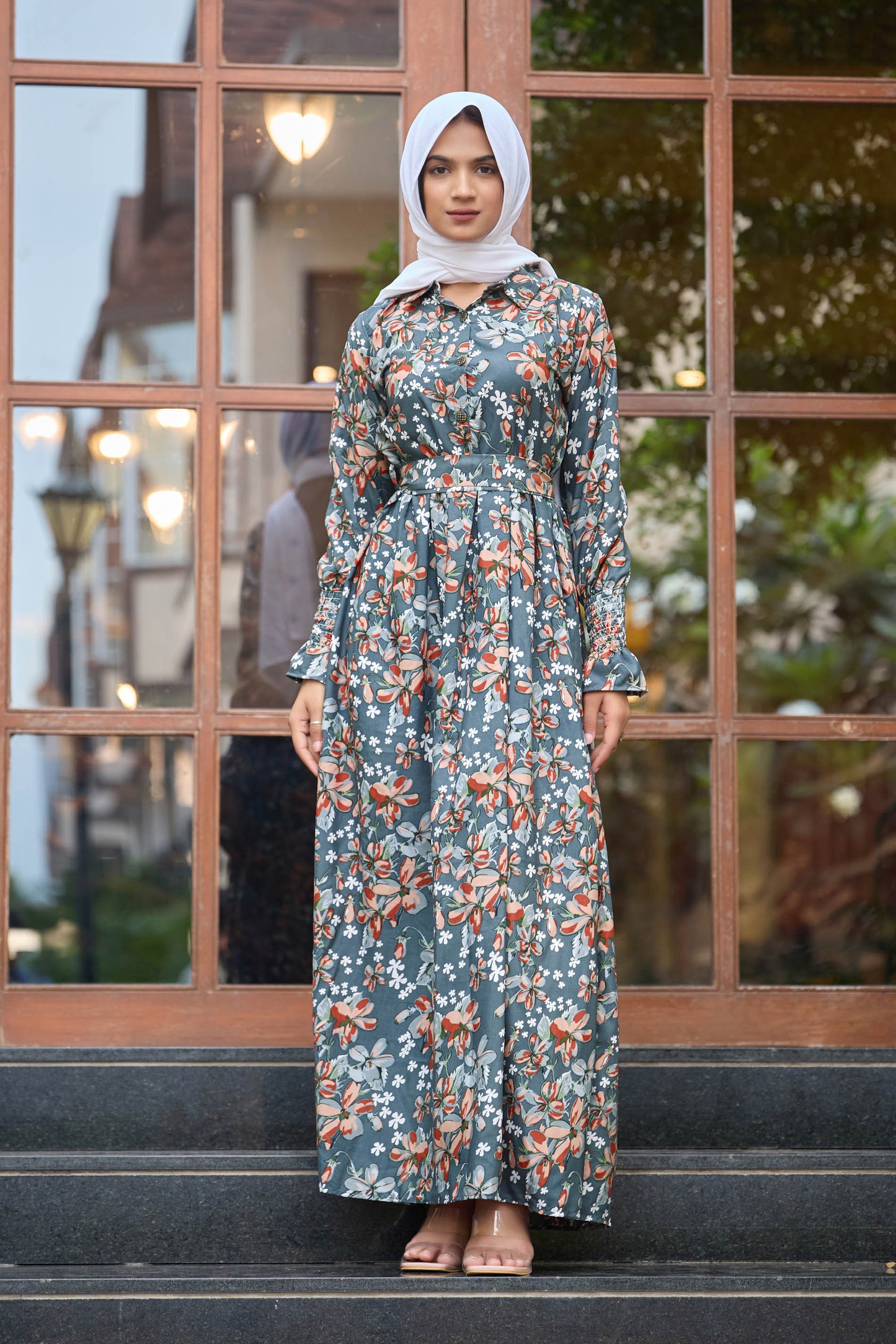 Elegant Crepe Maxi Dress in Floral Print – Smocked Cuffs | Modest Style