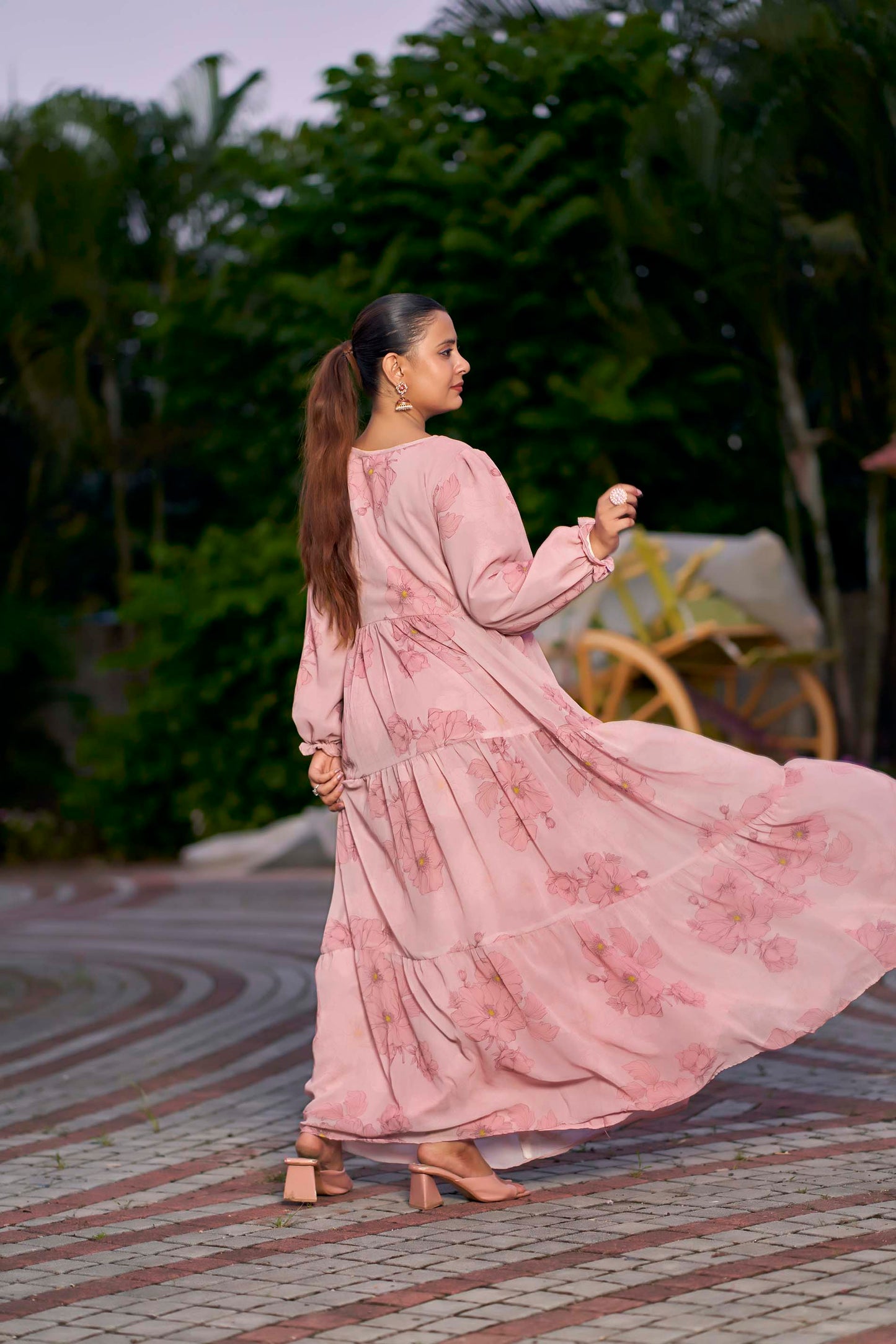 Women’s Pink Floral Printed Georgette Maxi Dress with Front Buttons