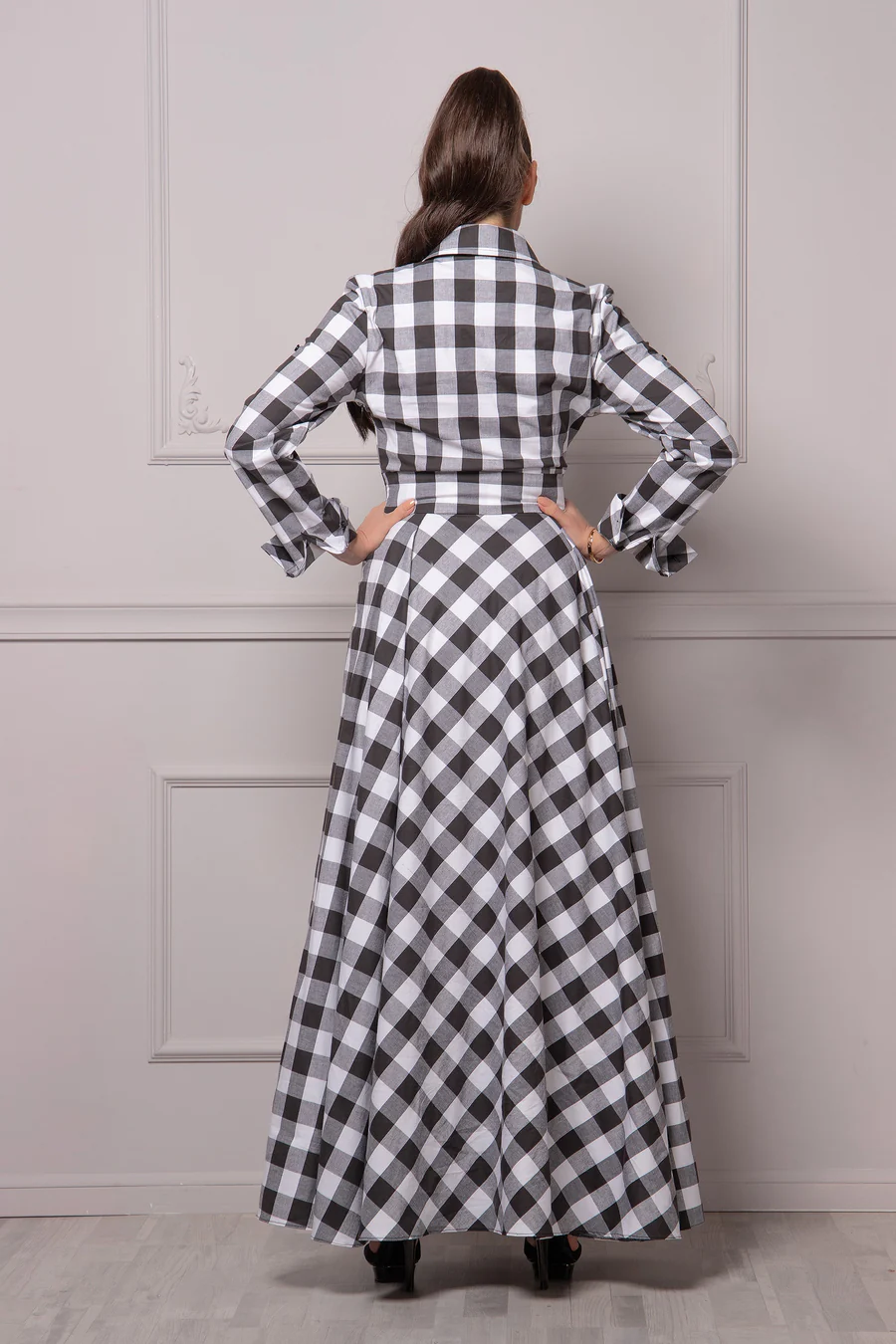 Women's Black & White Checkered Maxi Dress – Full Length 56 Inch, Shirt Collar, Long Sleeve