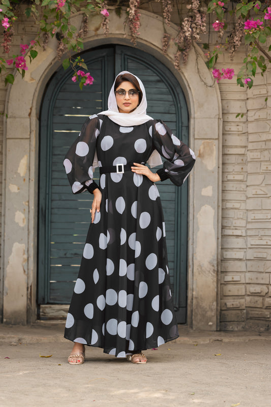 Classic Black & White Polka Dot Maxi Dress – Full Length, Modest Fashion