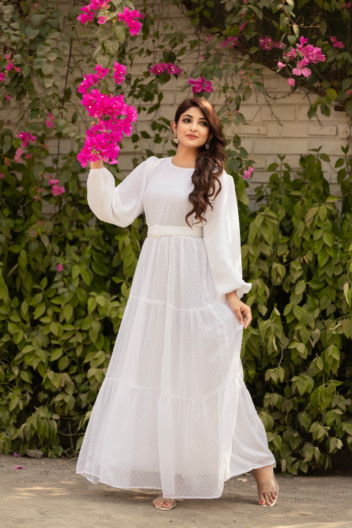 Women's White embellished Maxi Dress with Belt – Full Length 56 Inch