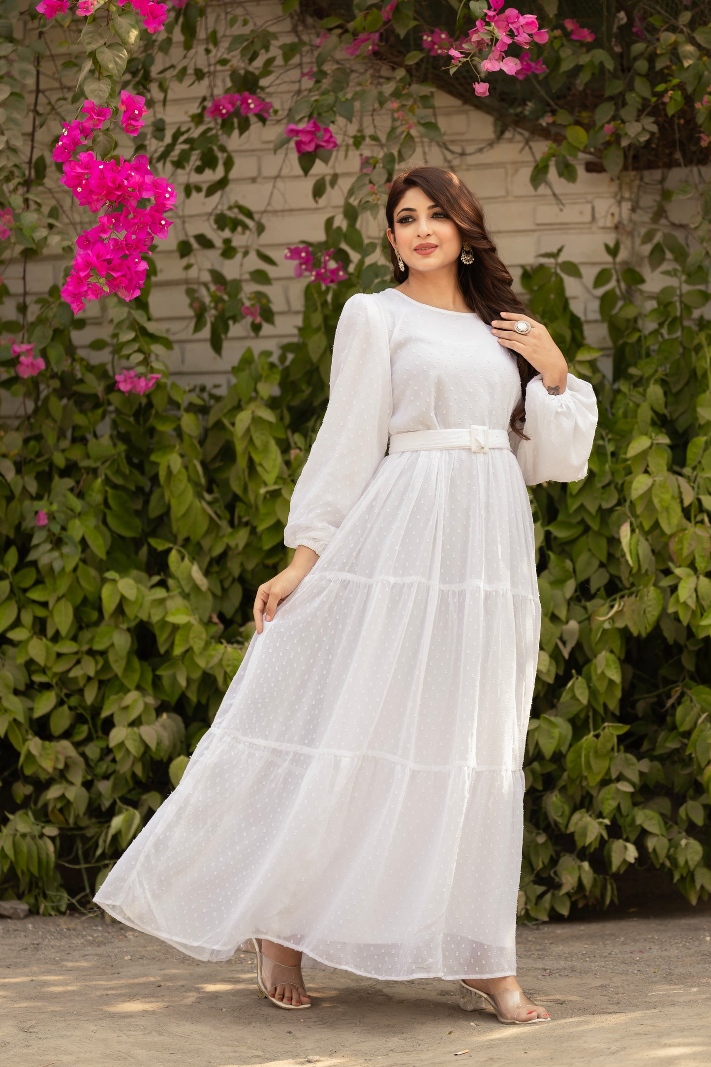 Women's White embellished Maxi Dress with Belt – Full Length 56 Inch
