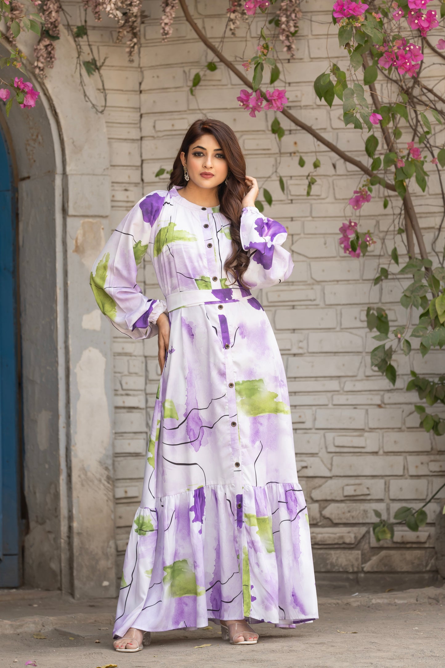 Women's Of white Abstract Floral Printed Long Button-Down Maxi Dress with Belt