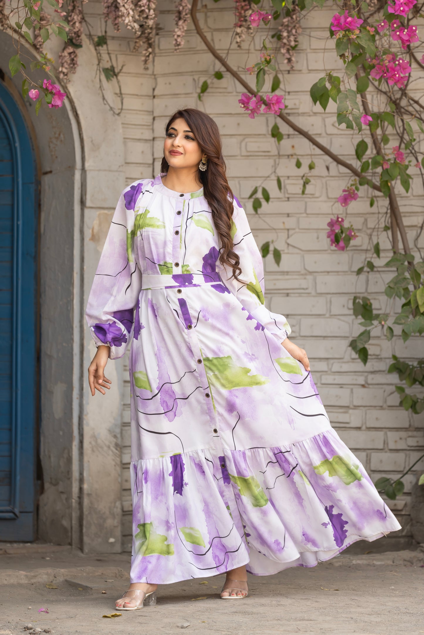 Women's Of white Abstract Floral Printed Long Button-Down Maxi Dress with Belt