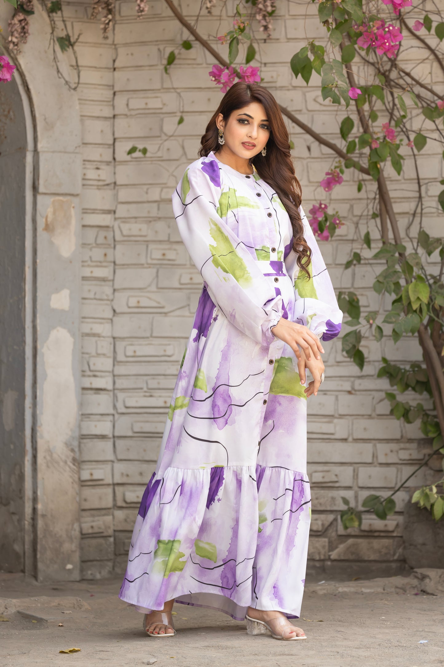 Women's Of white Abstract Floral Printed Long Button-Down Maxi Dress with Belt