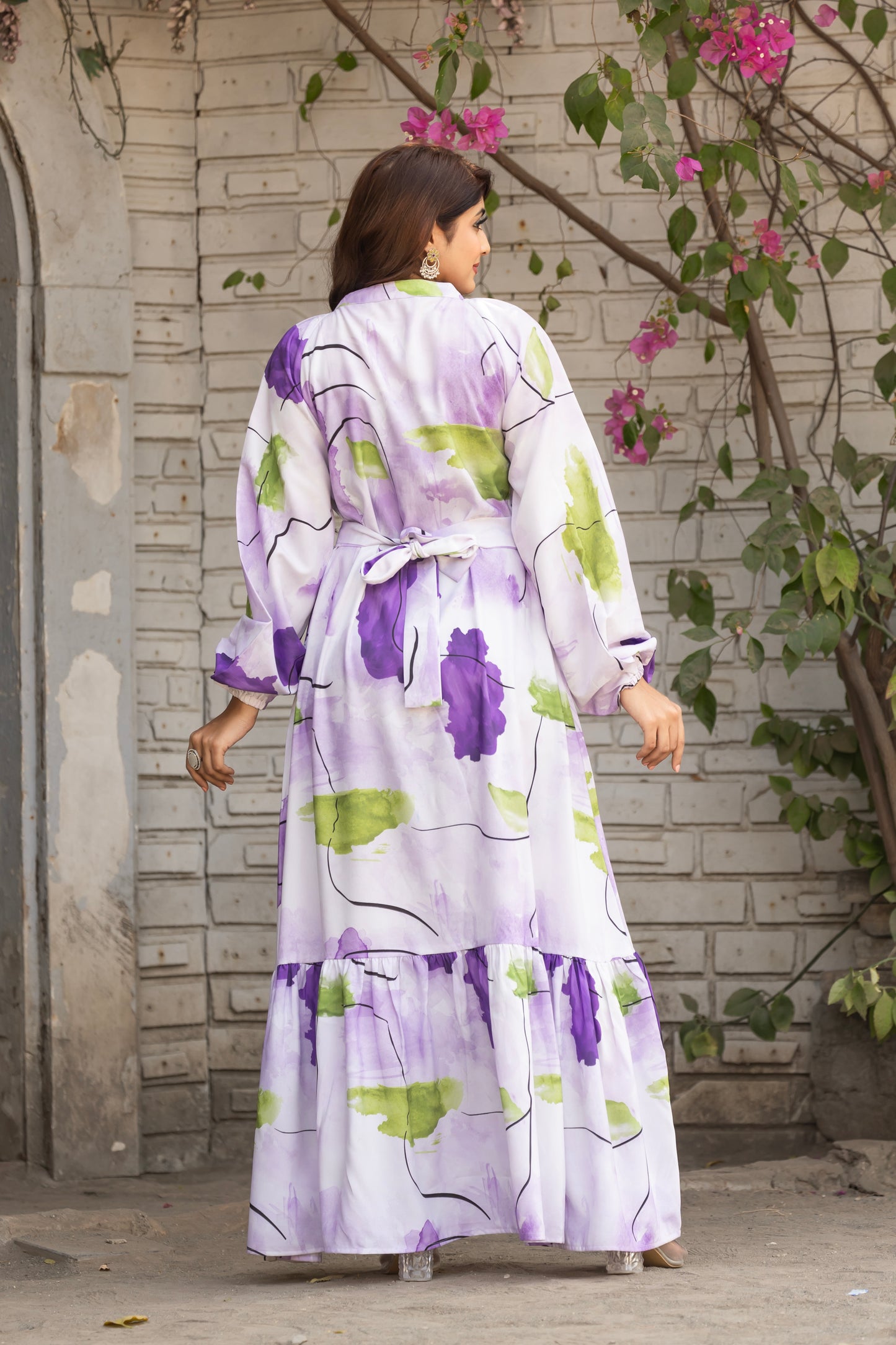 Women's Of white Abstract Floral Printed Long Button-Down Maxi Dress with Belt