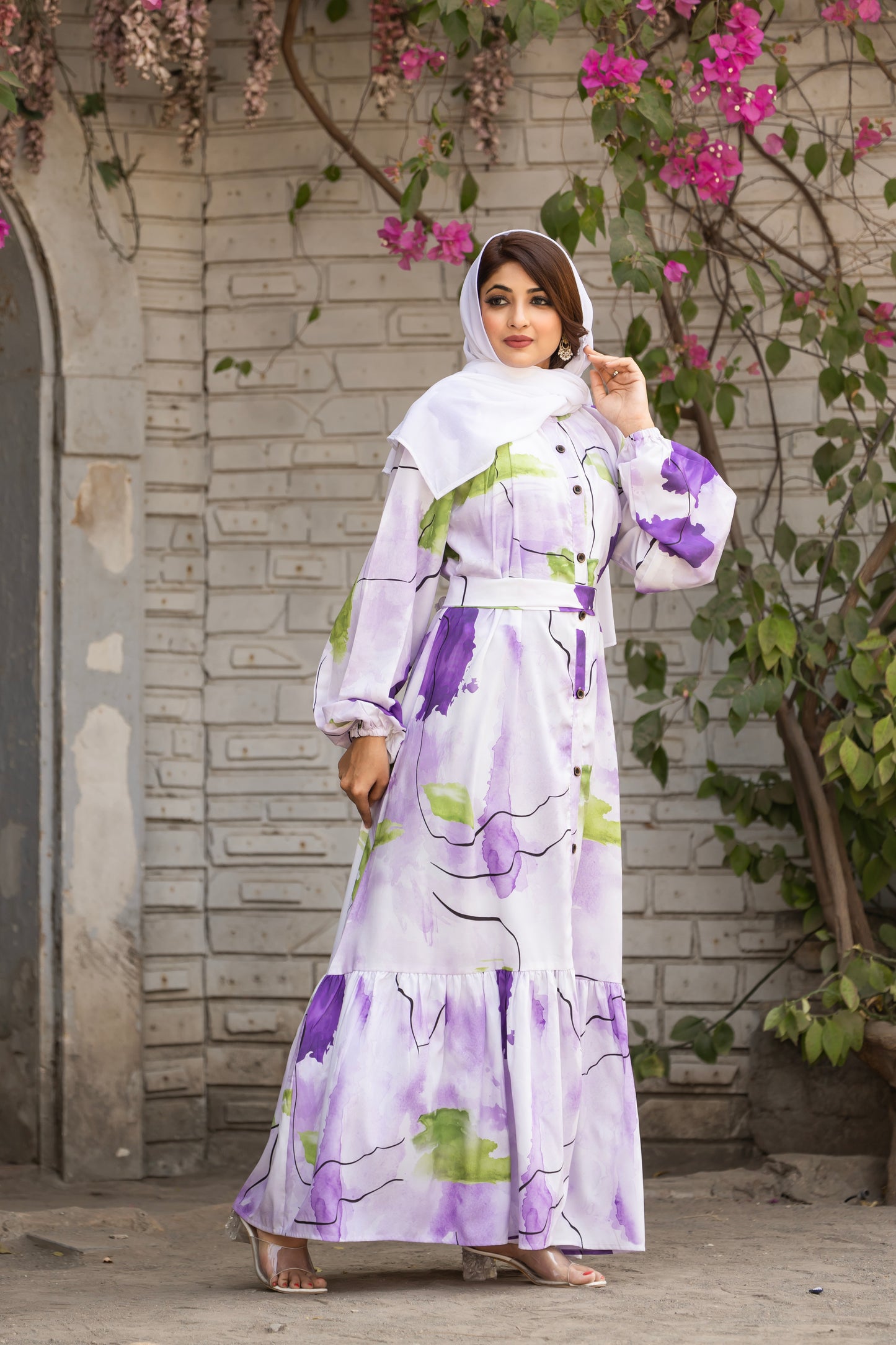 Women's Of white Abstract Floral Printed Long Button-Down Maxi Dress with Belt