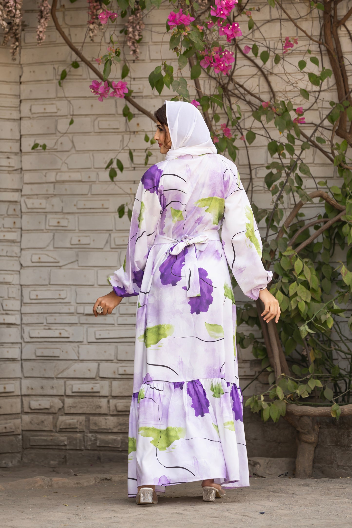 Women's Of white Abstract Floral Printed Long Button-Down Maxi Dress with Belt