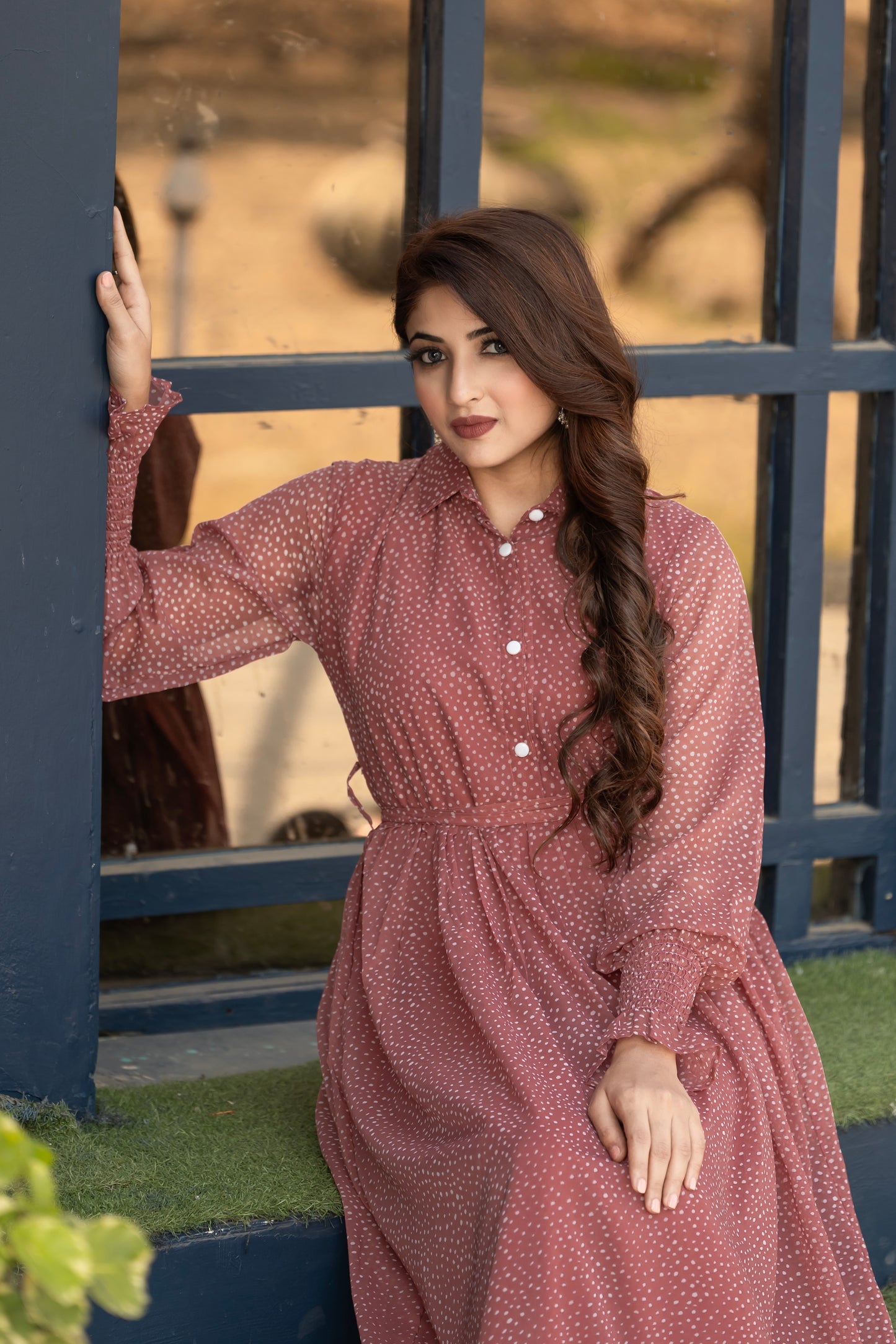 Women's Rust Red Polka Dot Long Maxi Dress with Buttoned & Full Sleeves