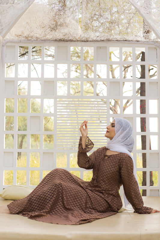 Coffee Brown Self Maxi Dress with Frill Cuffs