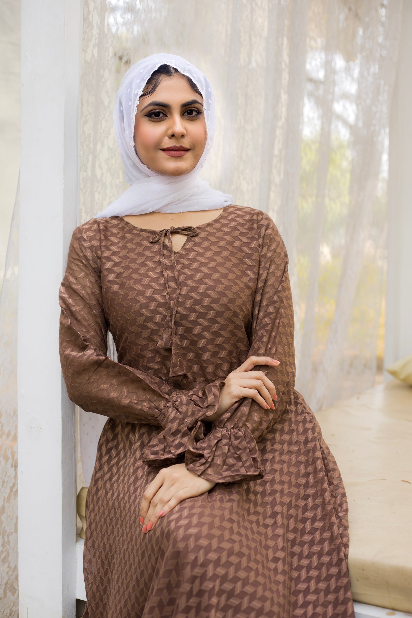 Coffee Brown Self Maxi Dress with Frill Cuffs