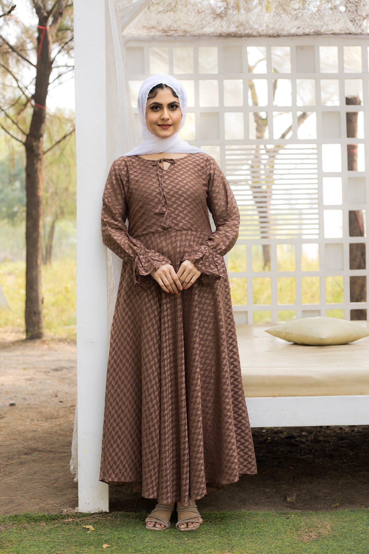 Coffee Brown Self Maxi Dress with Frill Cuffs
