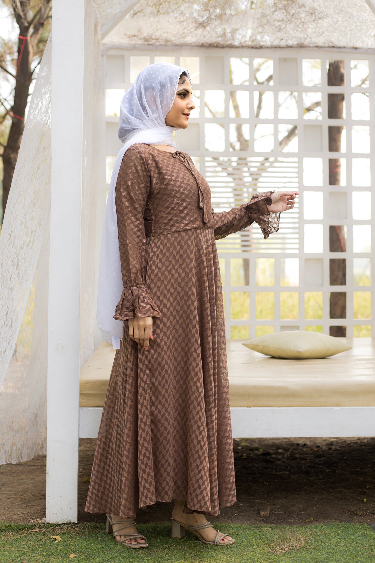 Coffee Brown Self Maxi Dress with Frill Cuffs