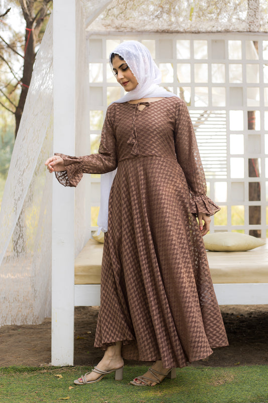 Coffee Brown Self Maxi Dress with Frill Cuffs