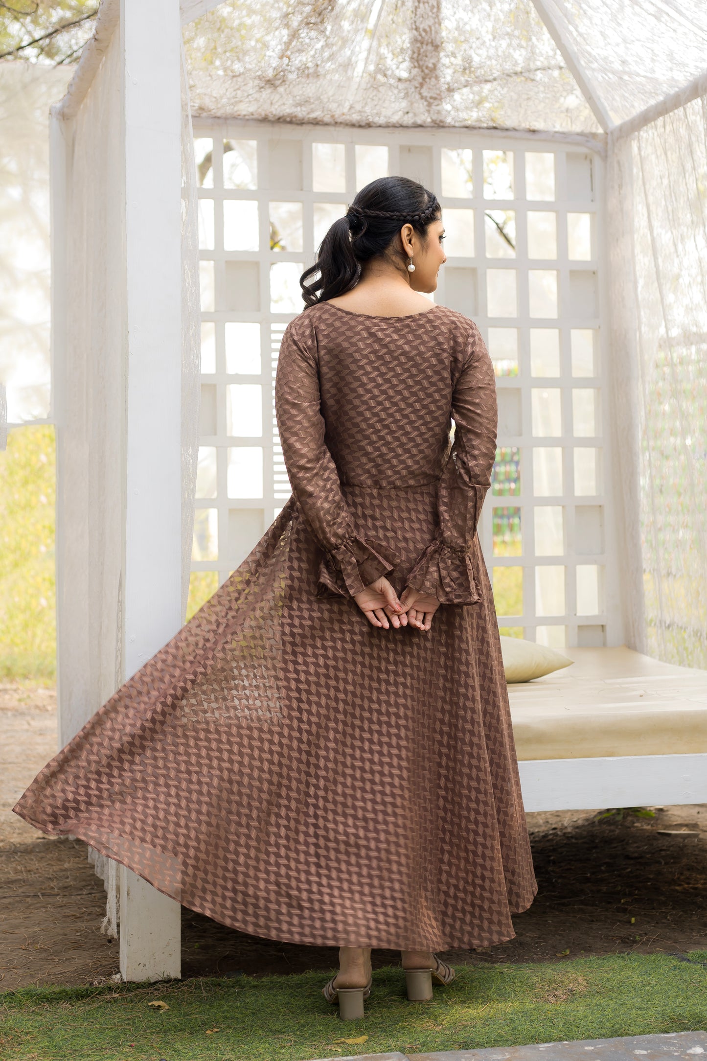 Coffee Brown Self Maxi Dress with Frill Cuffs