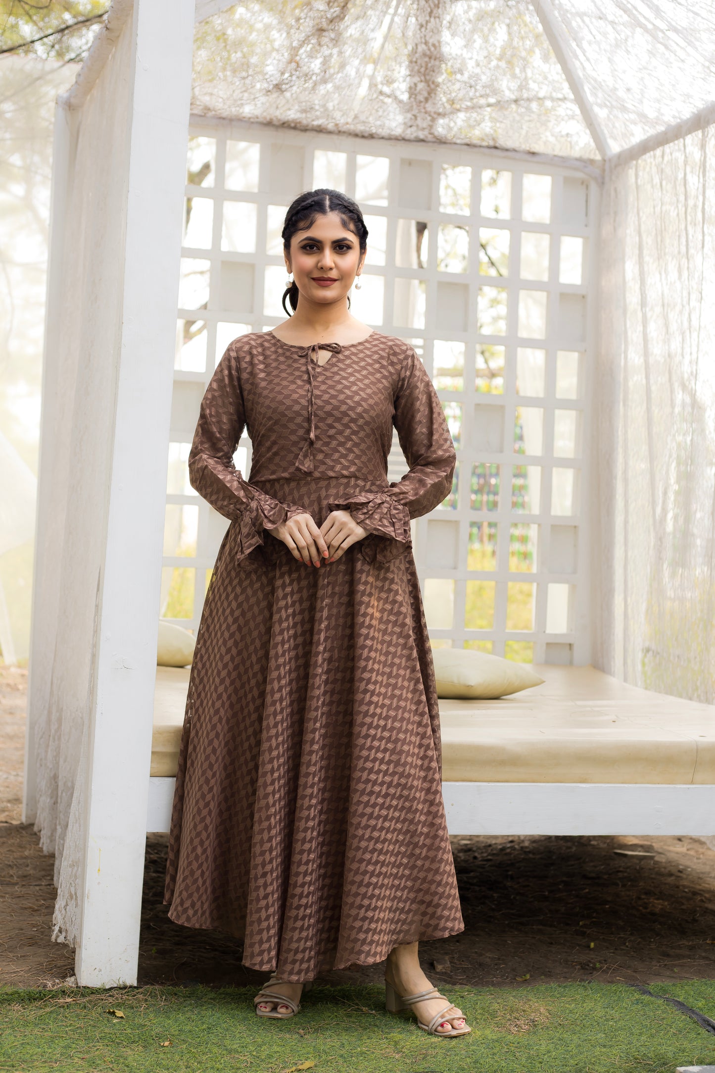 Coffee Brown Self Maxi Dress with Frill Cuffs