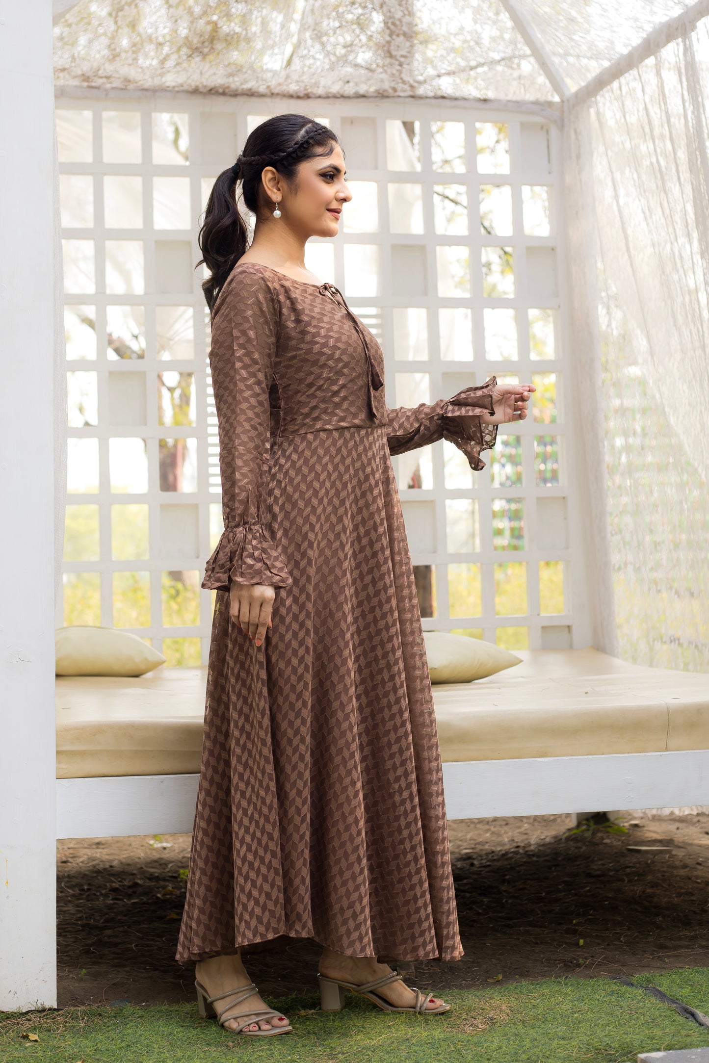 Coffee Brown Self Maxi Dress with Frill Cuffs