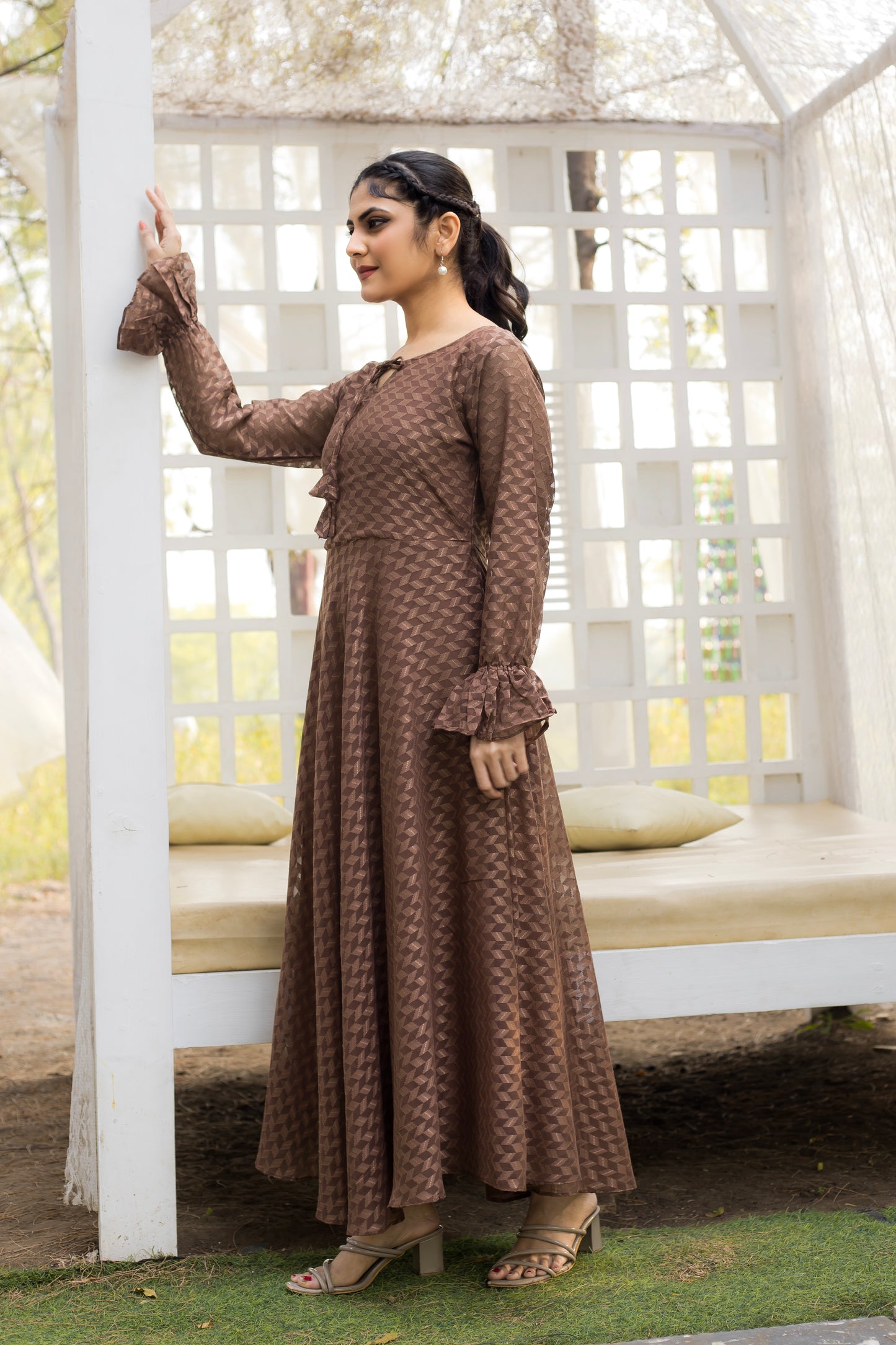 Coffee Brown Self Maxi Dress with Frill Cuffs