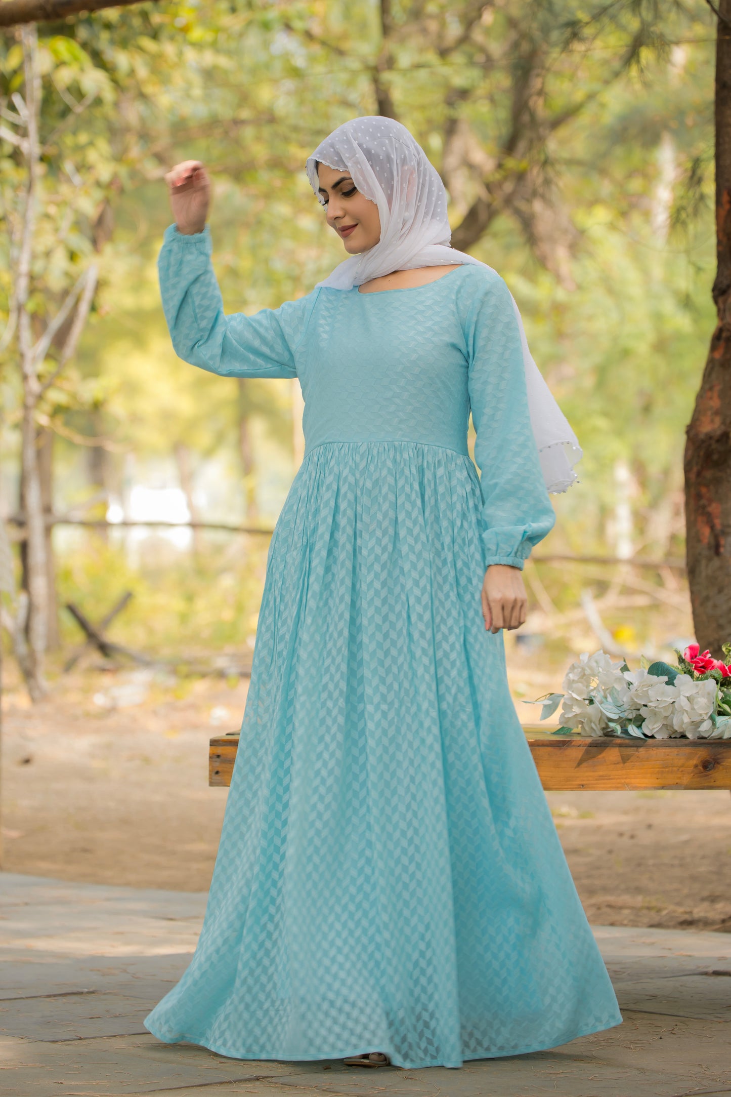 Women's Sky Blue Embellished Maxi Dress with Long Sleeves
