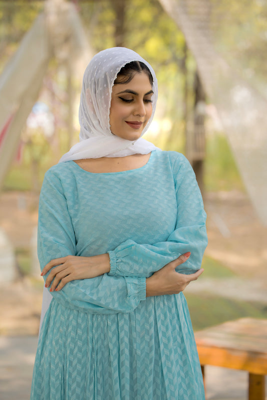 Women's Sky Blue Embellished Maxi Dress with Long Sleeves
