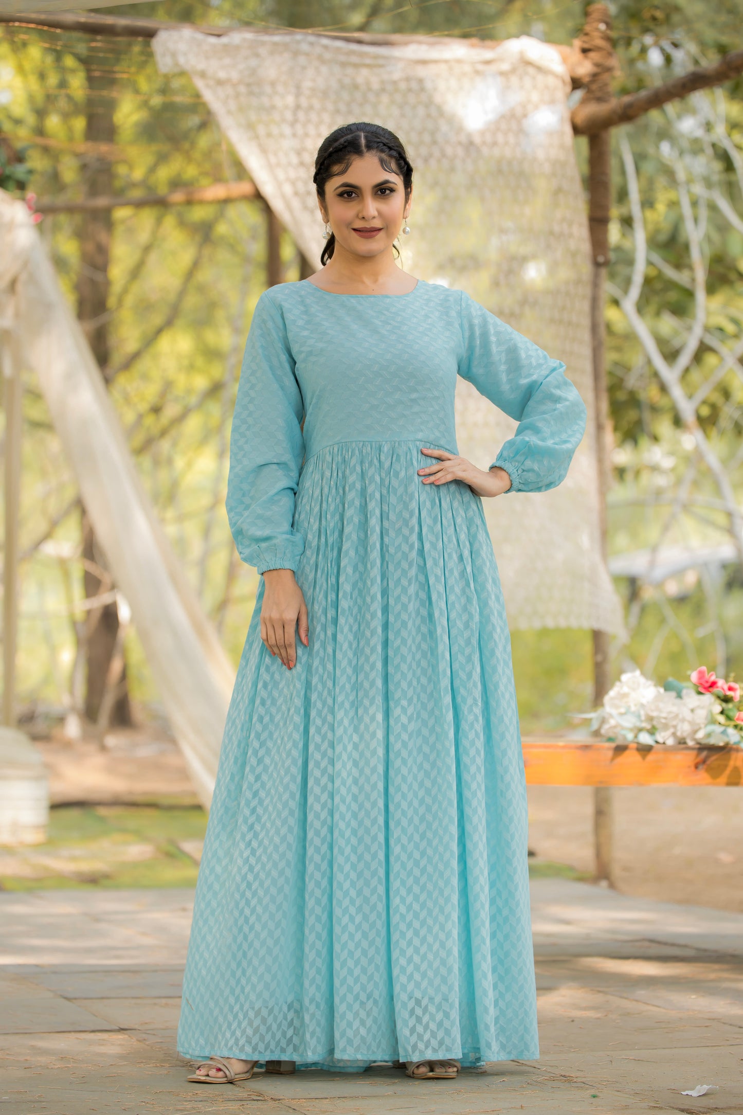 Women's Sky Blue Embellished Maxi Dress with Long Sleeves