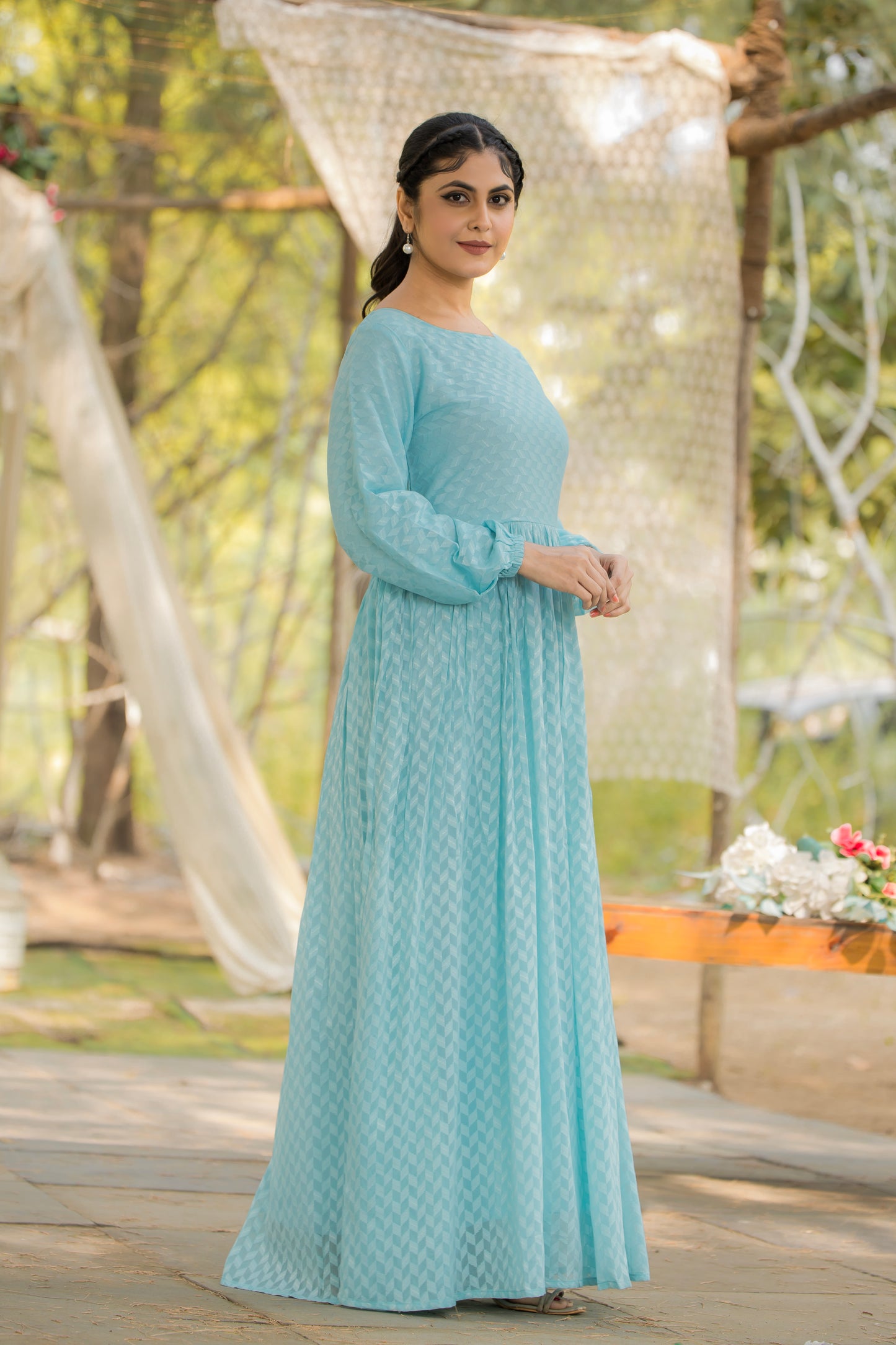 Women's Sky Blue Embellished Maxi Dress with Long Sleeves