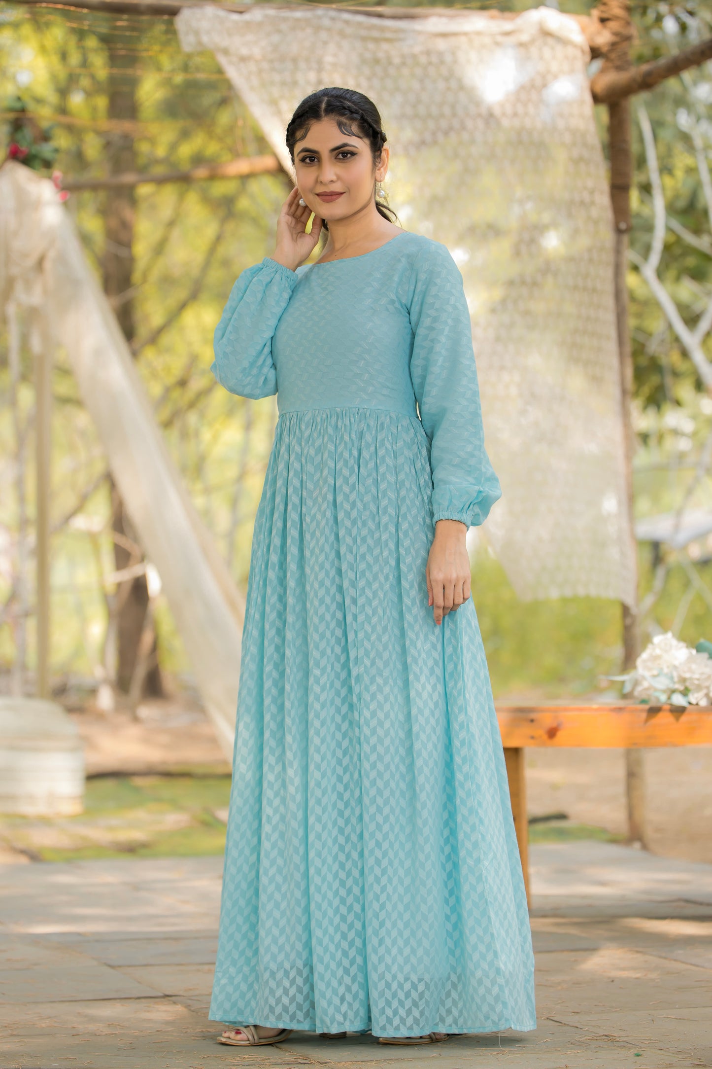 Women's Sky Blue Embellished Maxi Dress with Long Sleeves