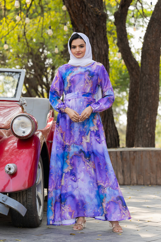 Purple & Blue Print Maxi Dress – Elegant Full Sleeve Abaya for Women