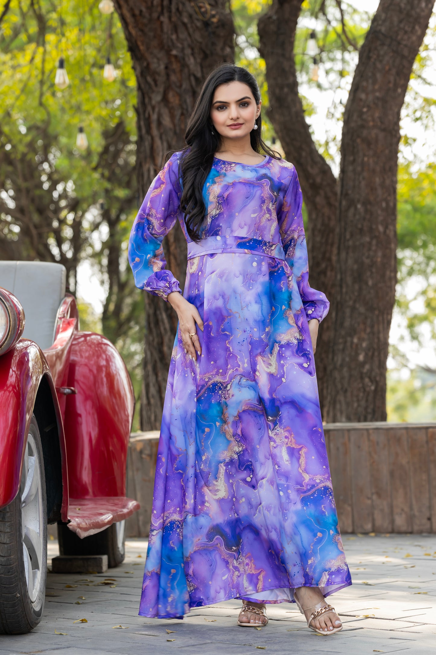 Purple & Blue Print Maxi Dress – Elegant Full Sleeve Abaya for Women