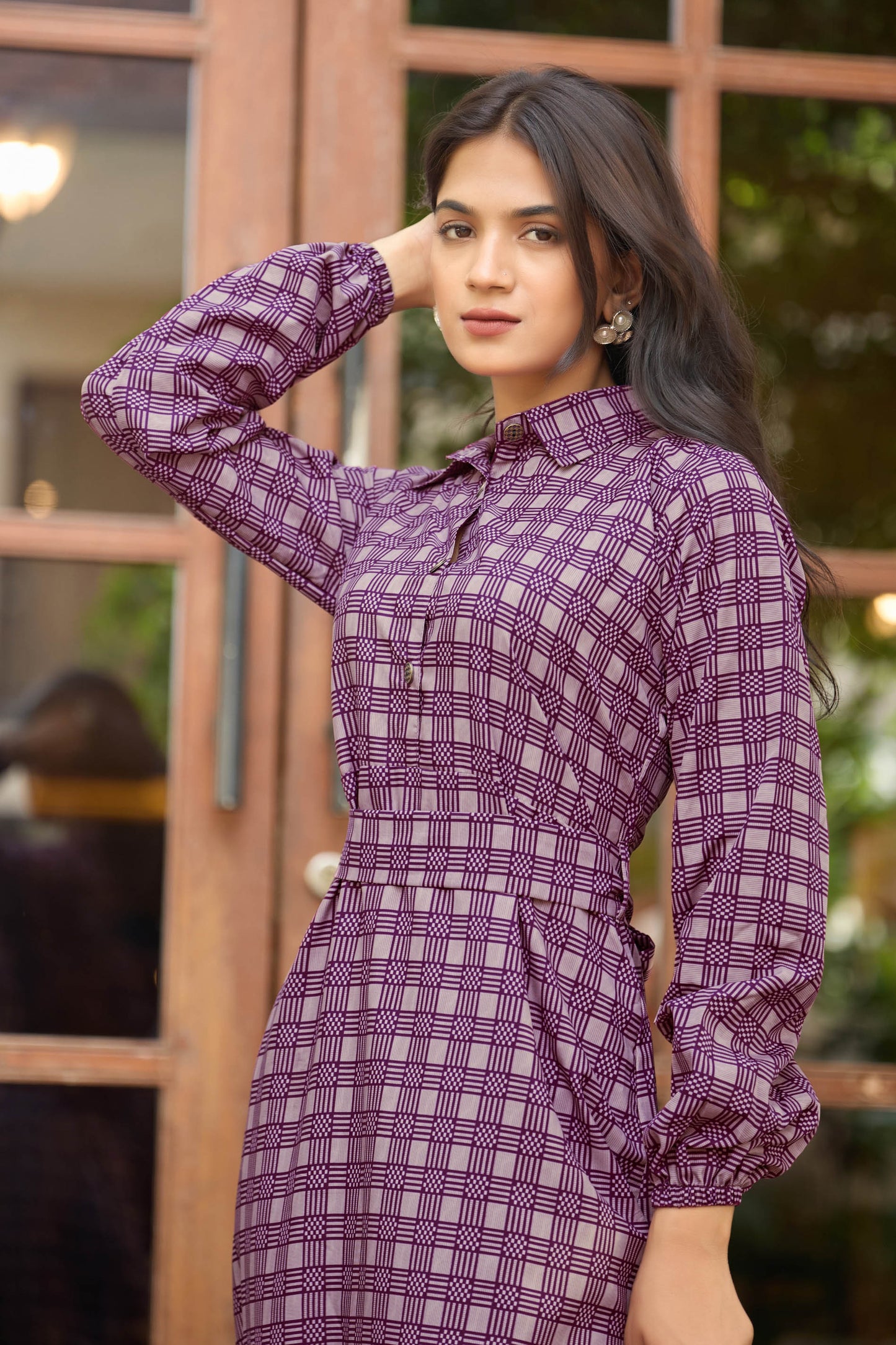 Women’s Elegant Purple Checkered Maxi Dress with Full Sleeves
