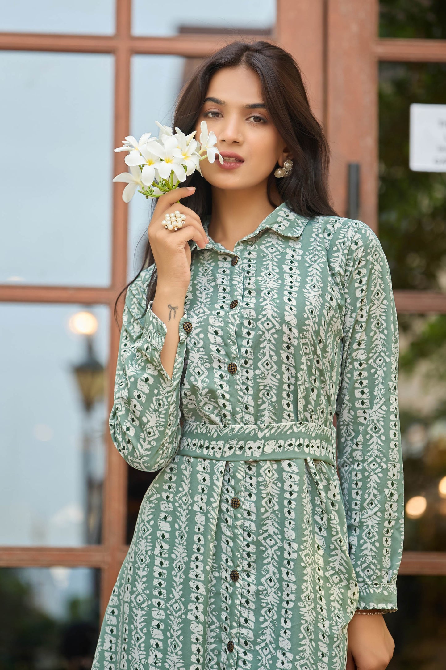Elegant Green Printed Maxi Dress with Belt – Full Sleeve | Modest & Stylish