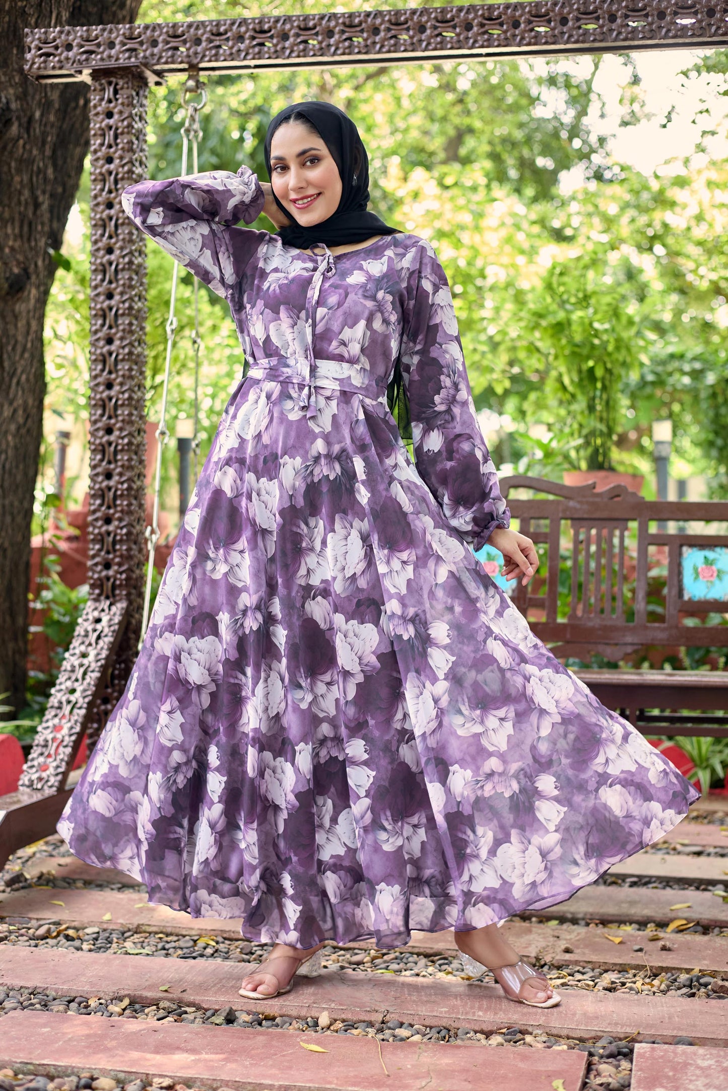 Flowy Purple Floral Print Crepe Maxi Dress – Modest & Stylish