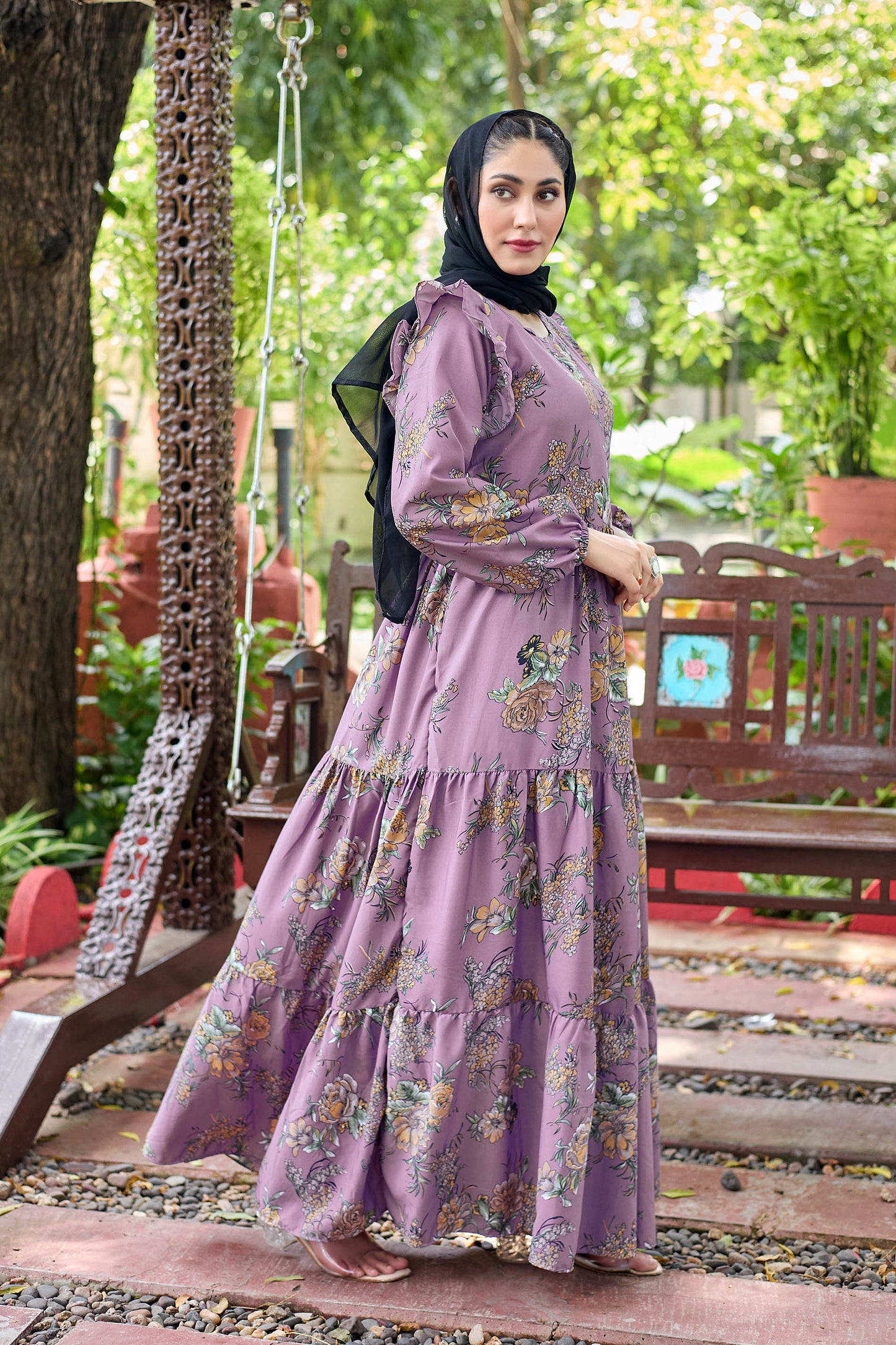 Stylish Purple Floral Print Maxi Dress for Women | Full Sleeve Long Gown