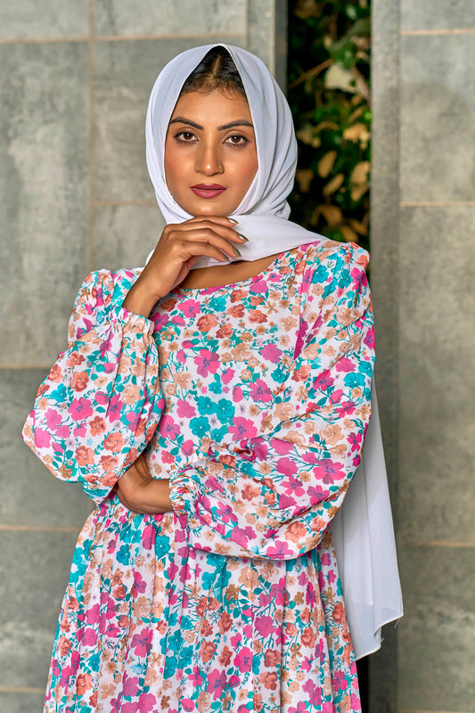 Georgette Fabric, with Crepe lining for no transparancy, Frill Pattern, Floral Print, Bishop Sleeves with Elastic Cuffs, Puff Sleeve Pattern, Without Dupatta,