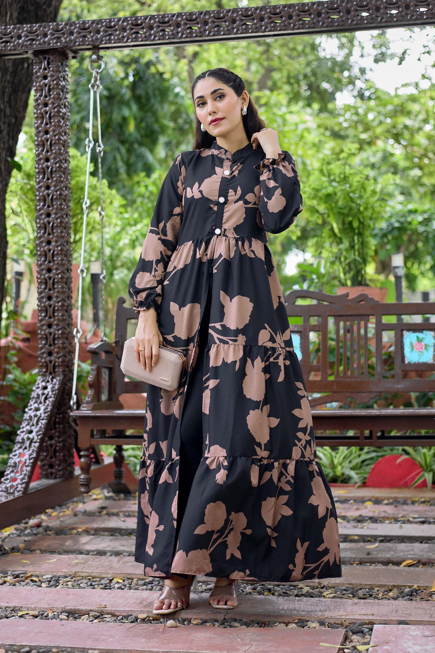 Black Floral Printed Long Maxi Dress for Women – Full Sleeve Stylish Ethnic Wear with Button Detail