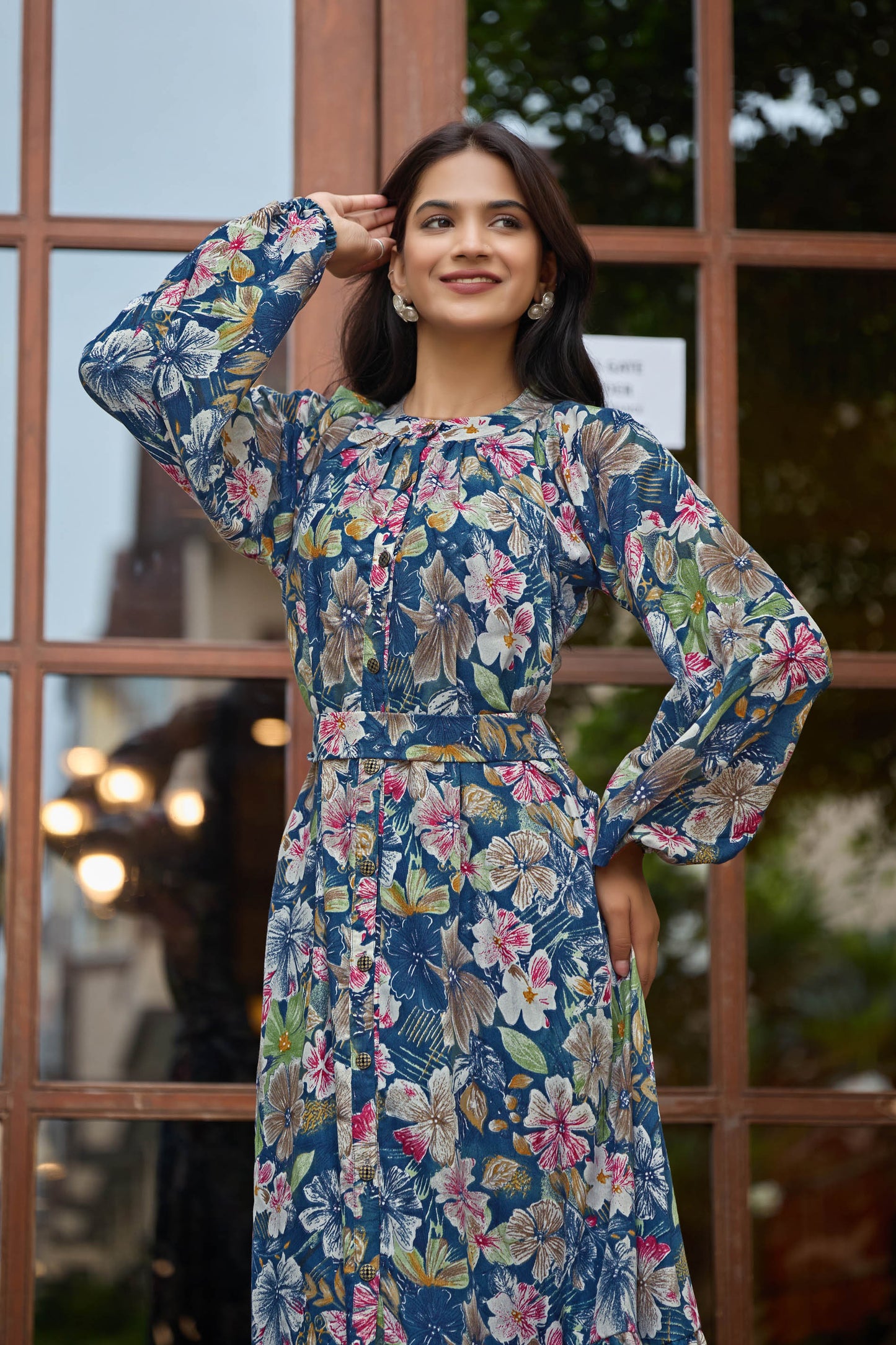Women’s Floral Printed Maxi Dress | Long Sleeve Button Down Gown with Belt | Stylish Casual & Party Wear