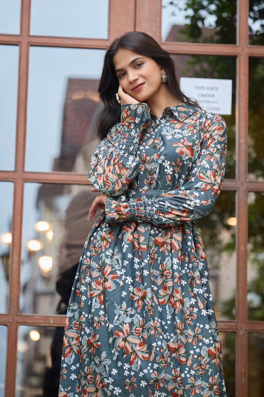 Elegant Crepe Maxi Dress in Floral Print – Smocked Cuffs | Modest Style
