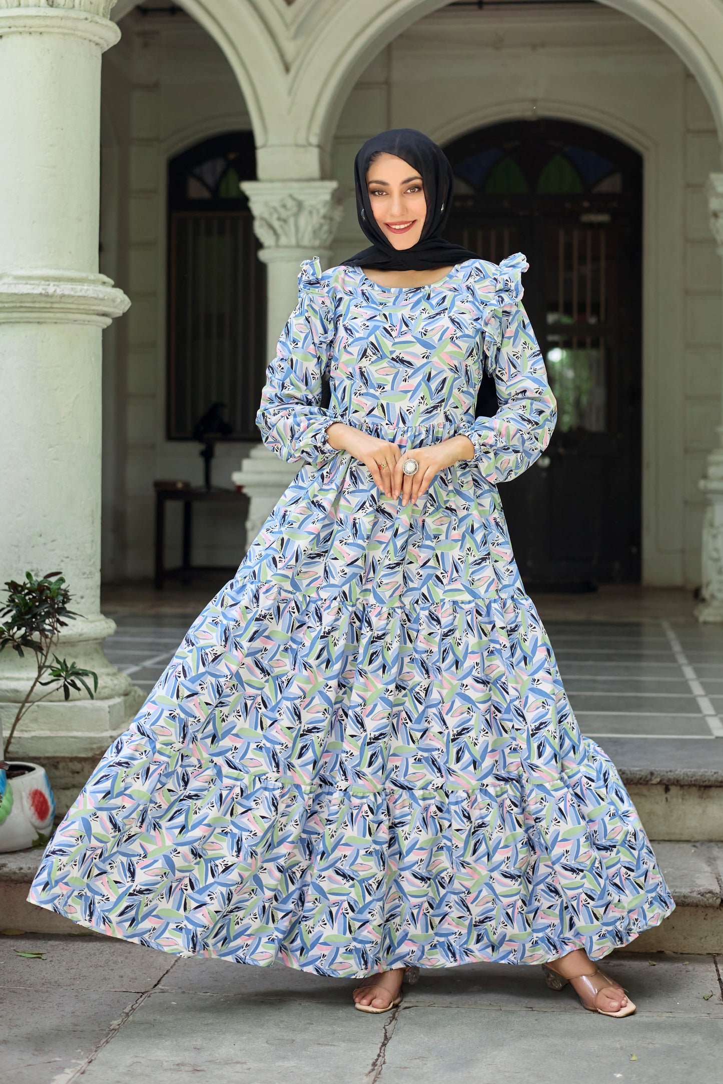 Elegant Geometric Printed Long Maxi Dress for Women | Full Sleeve Party & Casual Wear
