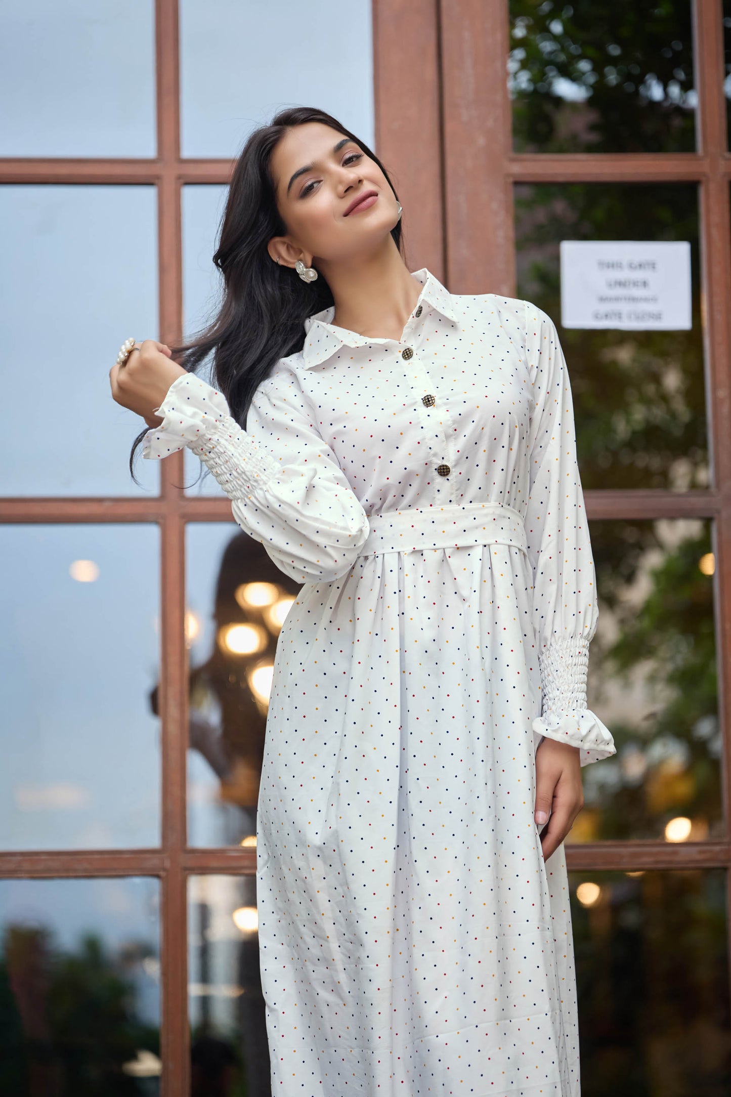 White Polka Dot Long Maxi Dress for Women – Full Sleeve Modest Ethnic Wear with Belted Waist & Button Detail