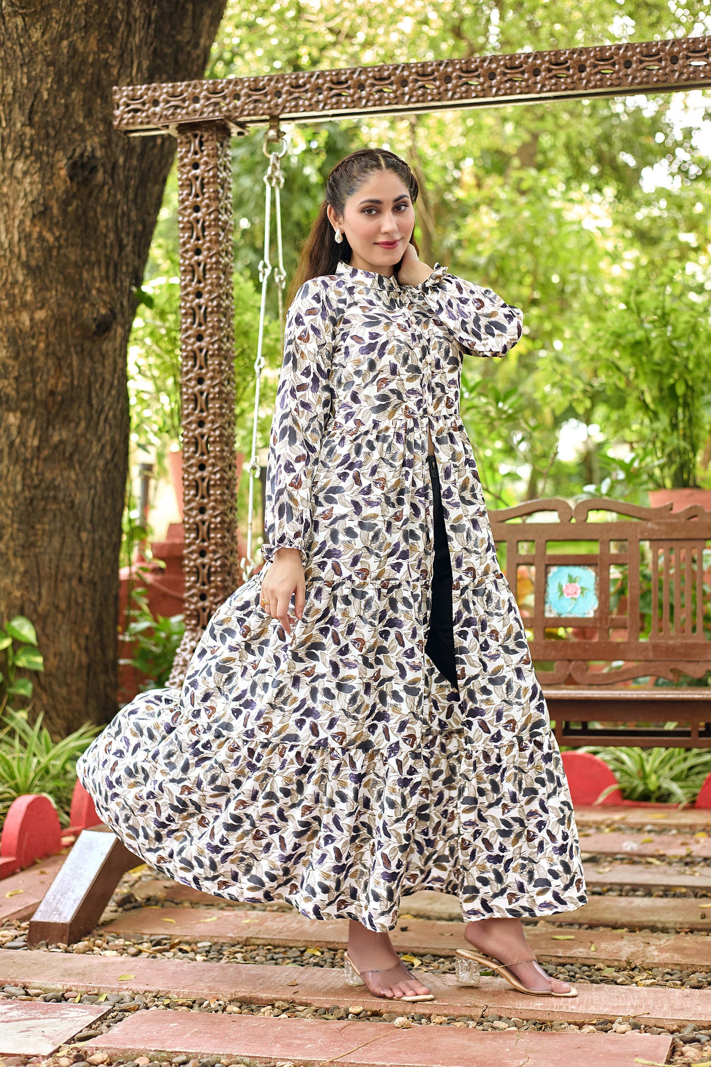 White Multicolor Leaf Printed Long Maxi Dress for Women – Full Sleeve Stylish Ethnic Wear with Button Detail