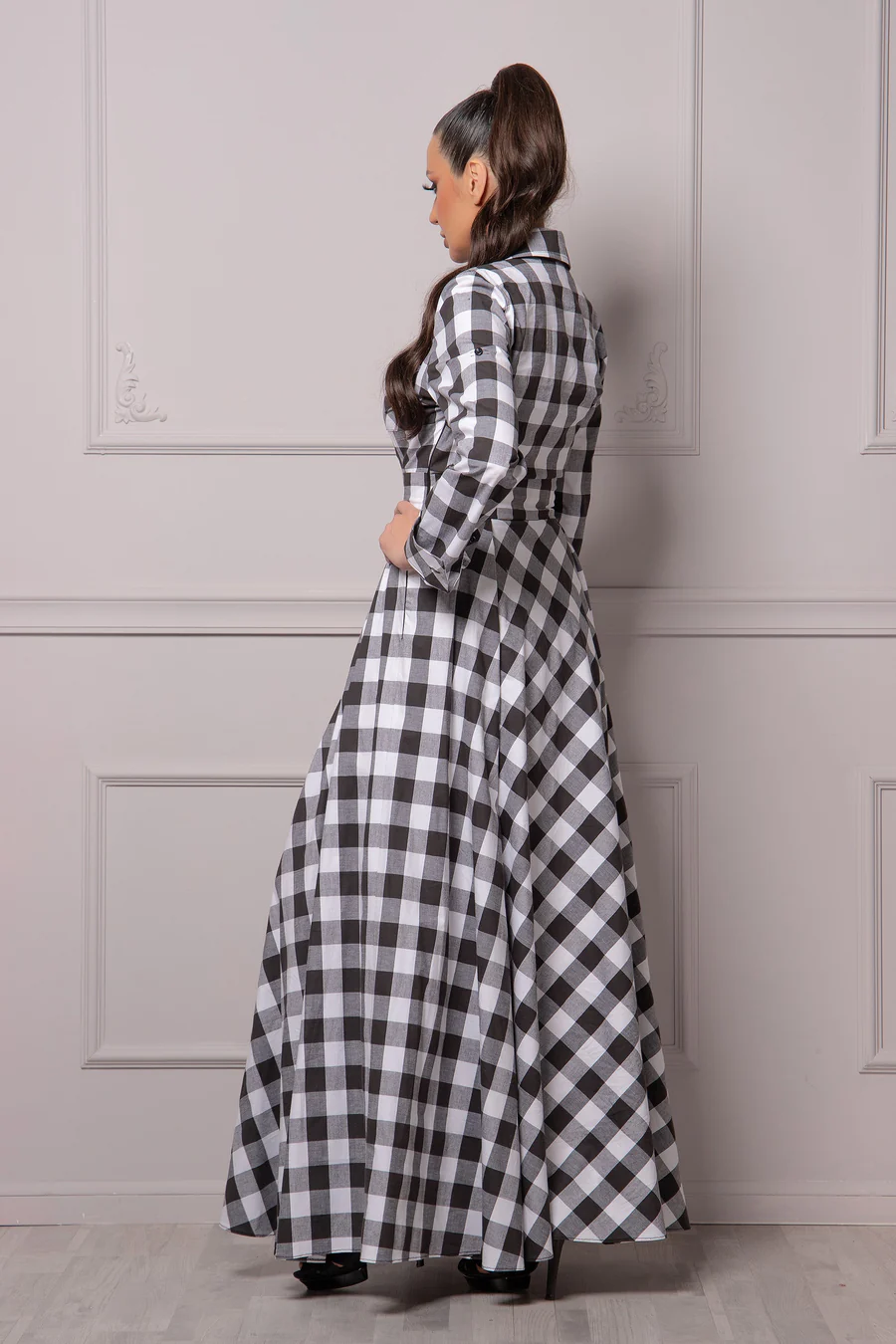 Women's Black & White Checkered Maxi Dress – Full Length 56 Inch, Shirt Collar, Long Sleeve