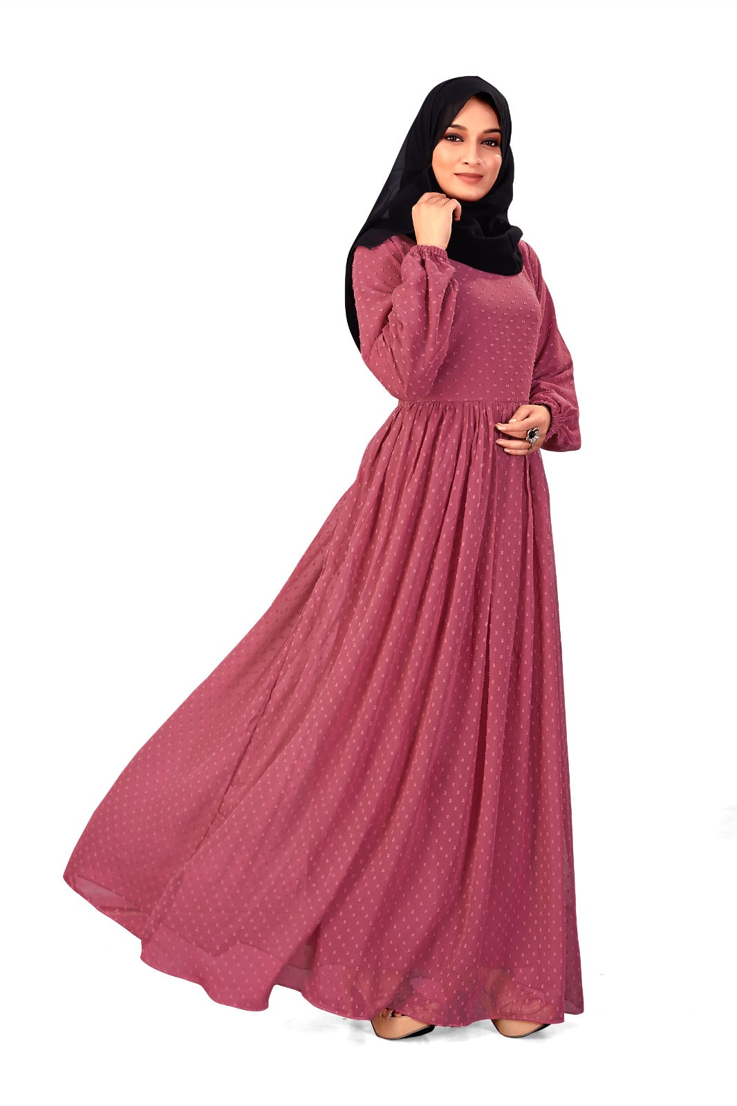 Women's Full-Length Brown Embellished Georgette Maxi Dress with Long Sleeves