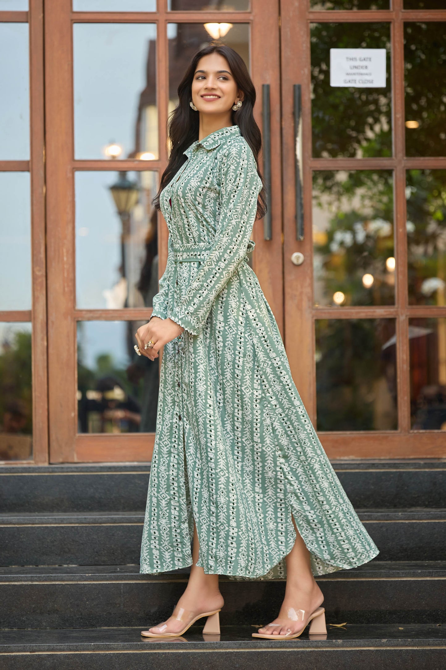 Elegant Green Printed Maxi Dress with Belt – Full Sleeve | Modest & Stylish