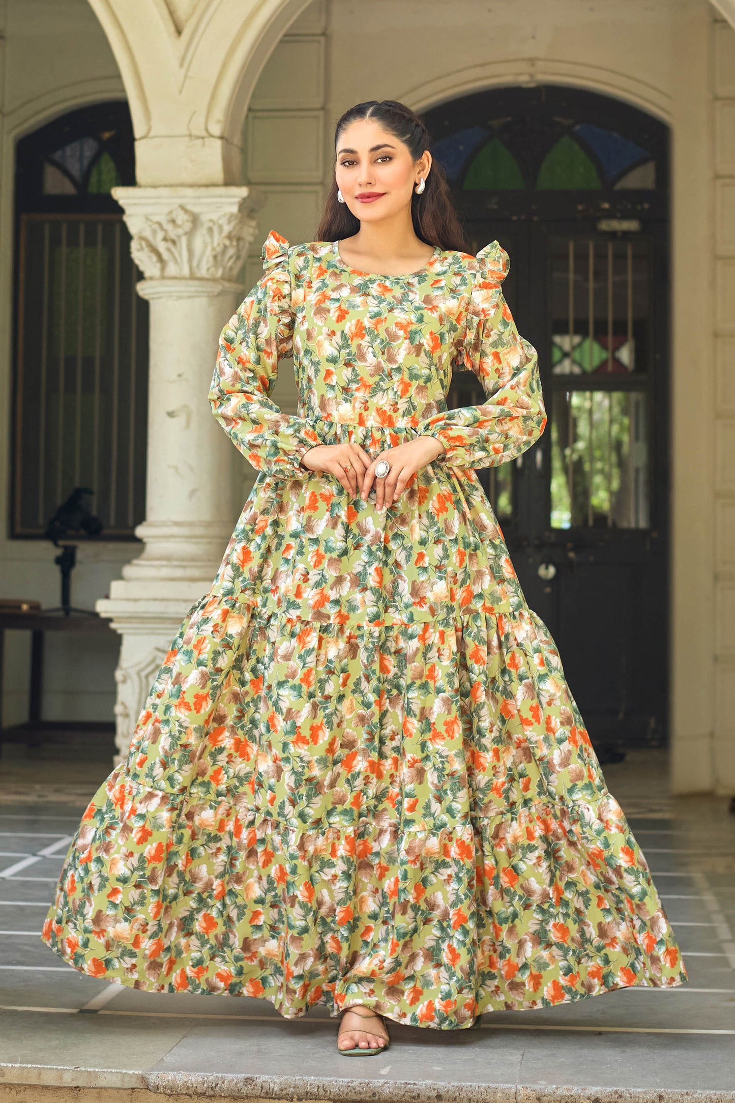 Designer Floral Printed Maxi Dress | Modest Fashion Long Sleeve Gown for Women
