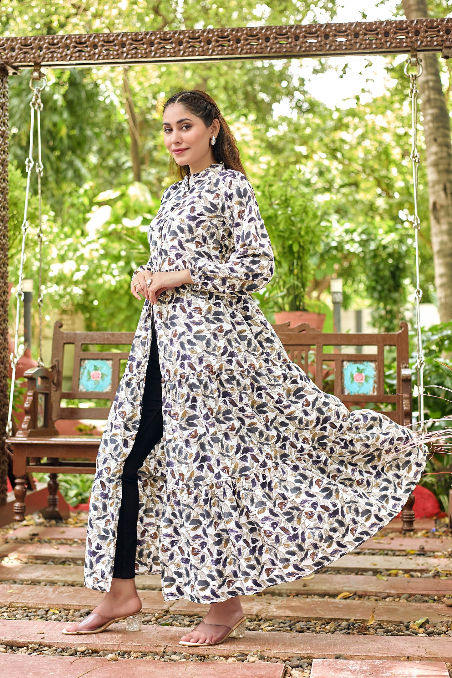White Multicolor Leaf Printed Long Maxi Dress for Women – Full Sleeve Stylish Ethnic Wear with Button Detail