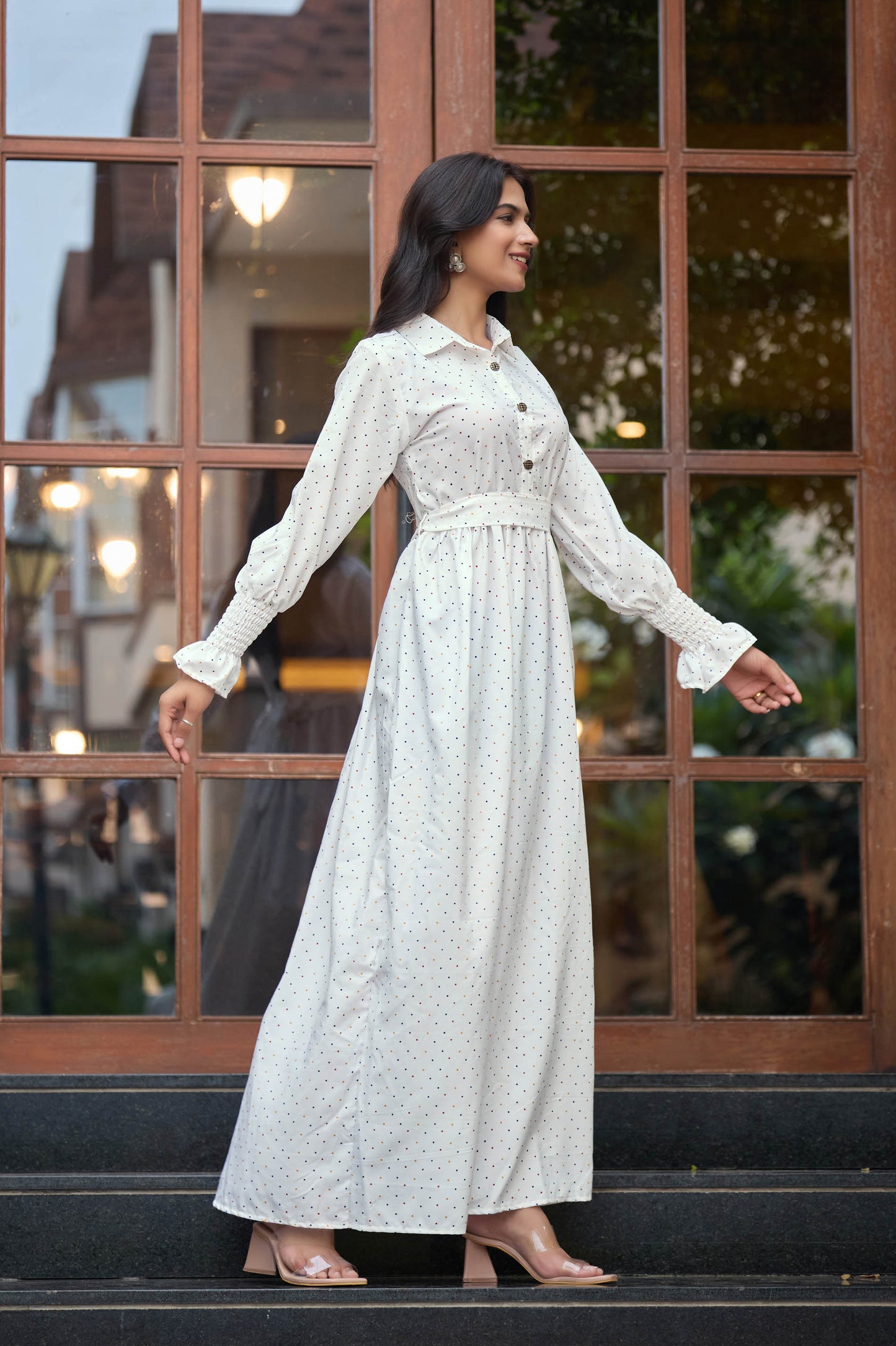 White Polka Dot Long Maxi Dress for Women – Full Sleeve Modest Ethnic Wear with Belted Waist & Button Detail
